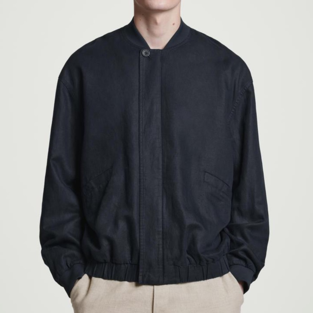 COS Men's  Linen Indigo Bomber Jacket - Classic Lightweight Coat